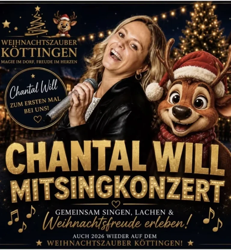 Plakat für Chantal Wills Mitsingkonzert beim Weihnachtszauber Köttingen 2026 mit der Sängerin und einem weihnachtlichen Rentiermotiv.
