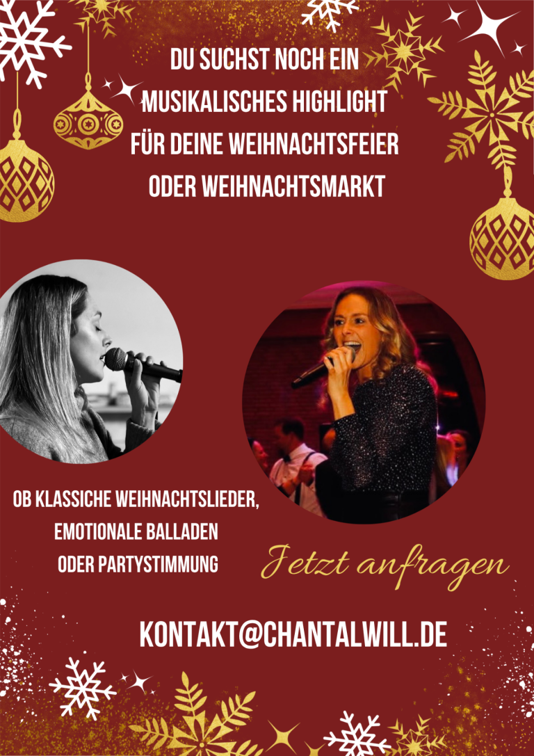 Weihnachtlicher Flyer mit Sängerin Chantal Will, die Live-Gesang für Weihnachtsfeiern und Weihnachtsmärkte anbietet.